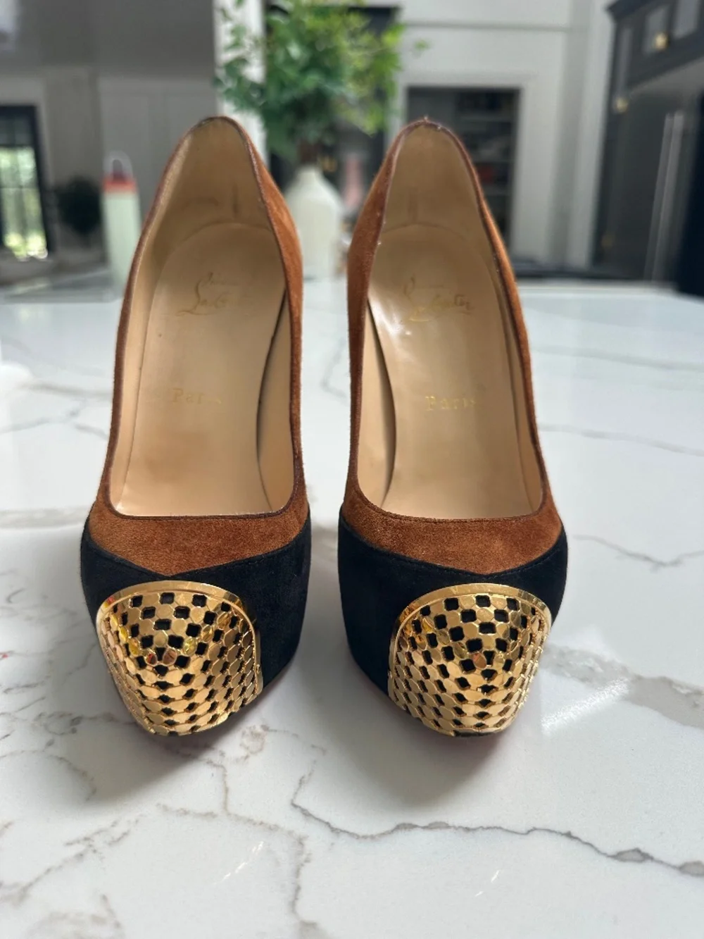 Christian Louboutin Suede Black and Camel Brown Heels Gold Toe 36 Sz